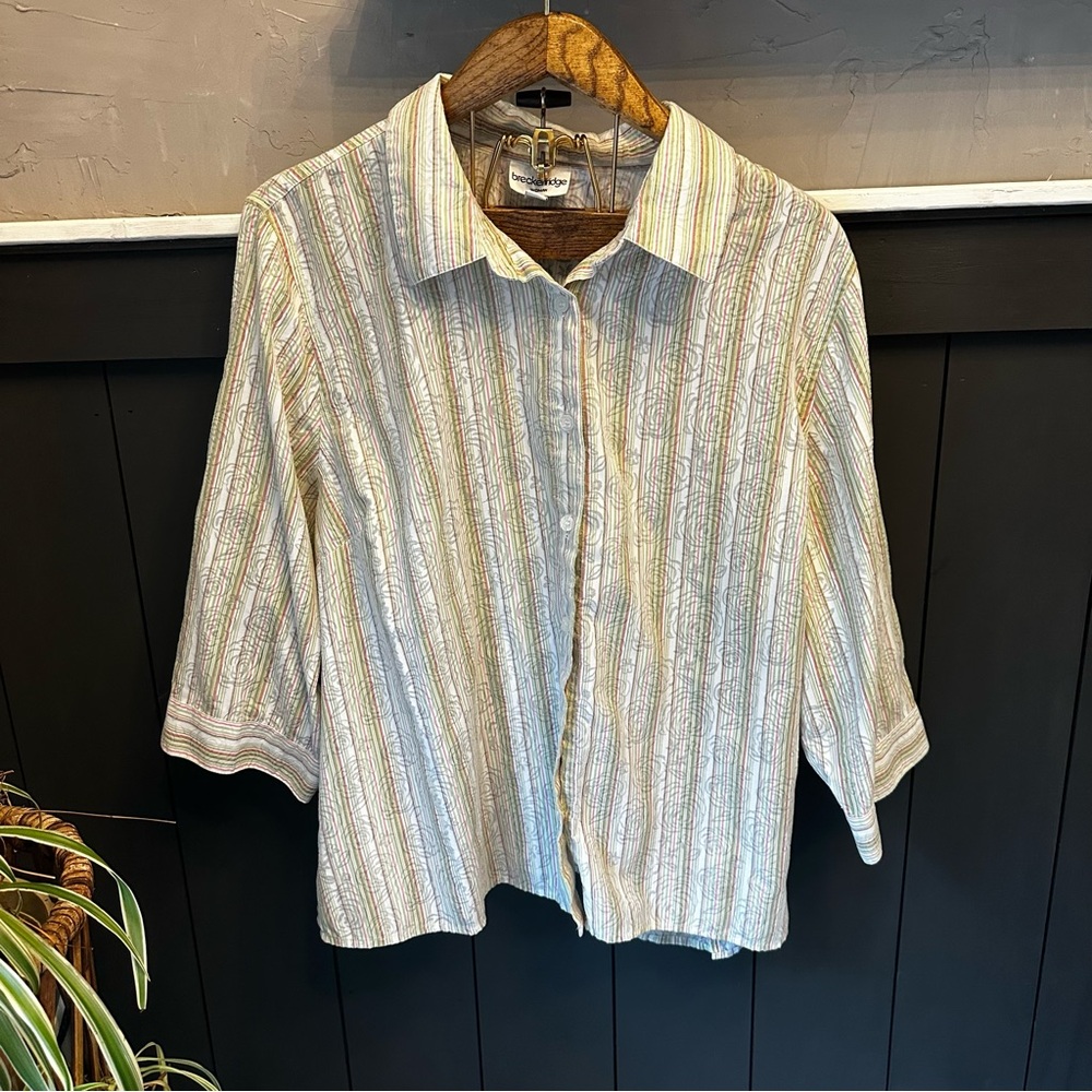Breckenridge Tan Cream Vertical Striped‎ Floral 3/4 Sleeve Button Down Top 3X